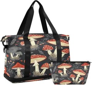 Kigai Mushroom Leaves Gym Bag for Women & Men,Waterproof Weekender Overnight Bag with Shoes Compartment Sports Duffel Bag for Gym Yoga Swimming Camping