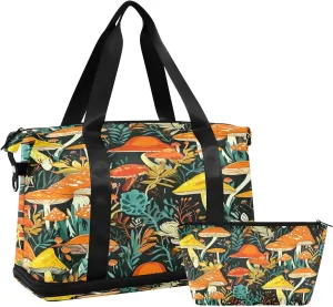 Kigai Mushroom Leaves Gym Bag for Women & Men,Waterproof Weekender Overnight Bag with Shoes Compartment Sports Duffel Bag for Gym Yoga Swimming Camping