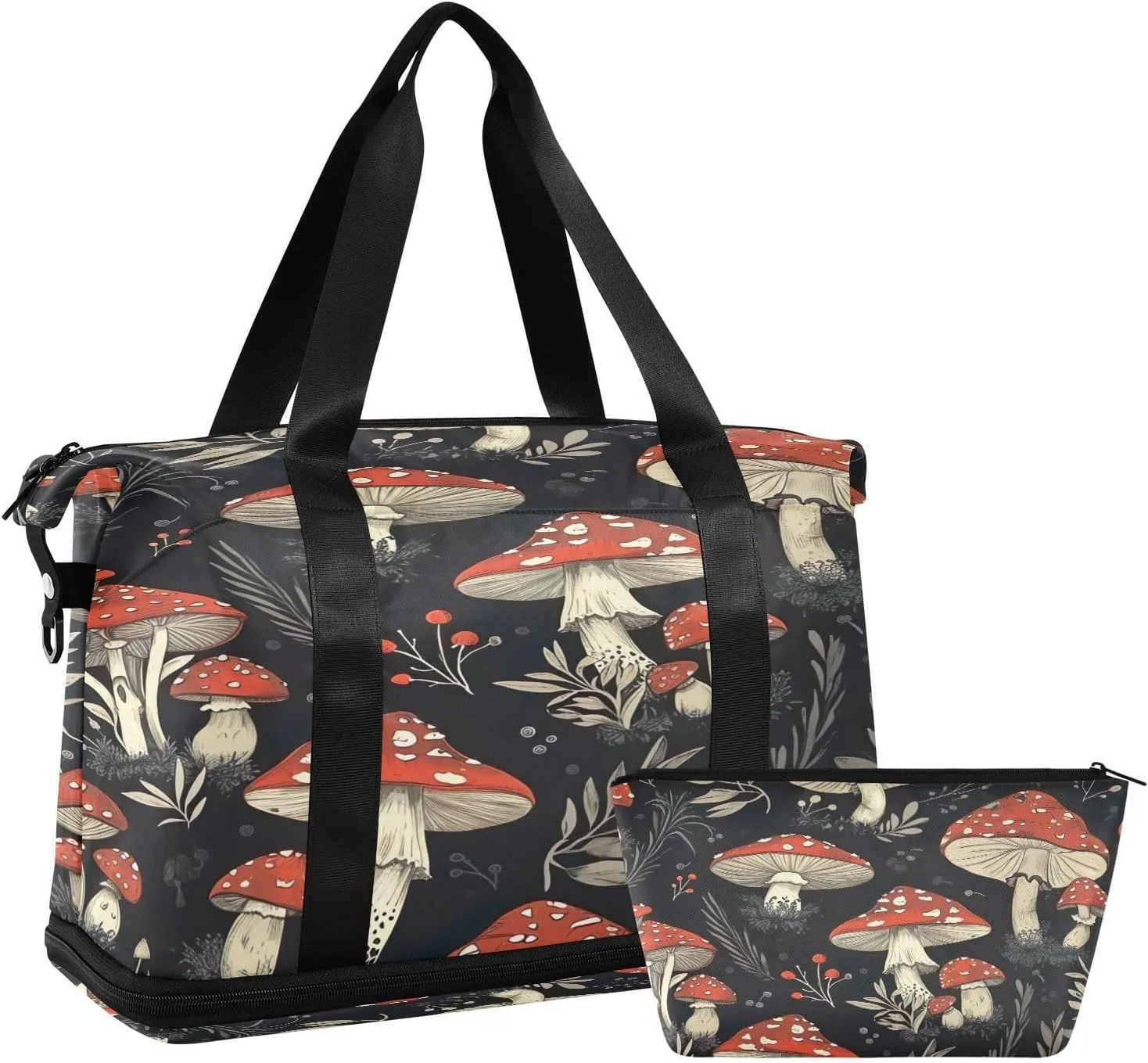 Kigai Mushroom Leaves Gym Bag for Women & Men,Waterproof Weekender Overnight Bag with Shoes Compartment Sports Duffel Bag for Gym Yoga Swimming Camping
