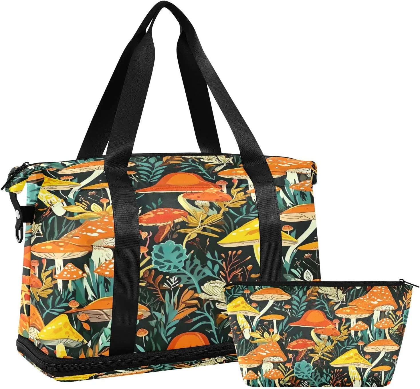 Kigai Mushroom Leaves Gym Bag for Women & Men,Waterproof Weekender Overnight Bag with Shoes Compartment Sports Duffel Bag for Gym Yoga Swimming Camping
