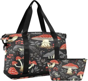 Kigai Mushroom Leaves9410955959 Gym Bag for Women & Men,Waterproof Weekender Overnight Bag with Shoes Compartment Sports Duffel Bag for Gym Yoga Swimming Camping