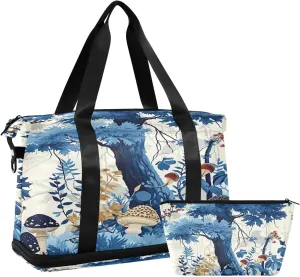 Kigai Mushroom Tree Gym Bag for Women & Men,Waterproof Weekender Overnight Bag with Shoes Compartment Sports Duffel Bag for Gym Yoga Swimming Camping