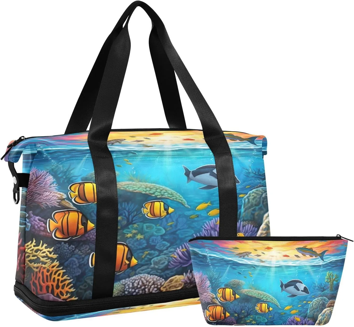 Kigai Ocean Fish Gym Bag for Women & Men,Waterproof Weekender Overnight Bag with Shoes Compartment Sports Duffel Bag for Gym Yoga Swimming Camping