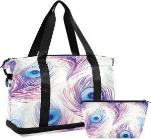 Kigai Peacock Feather Gym Bag for Women & Men,Waterproof Weekender Overnight Bag with Shoes Compartment Sports Duffel Bag for Gym Yoga Swimming Camping