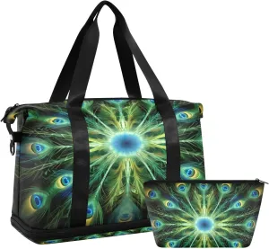 Kigai Peacock Feather Gym Bag for Women & Men,Waterproof Weekender Overnight Bag with Shoes Compartment Sports Duffel Bag for Gym Yoga Swimming Camping