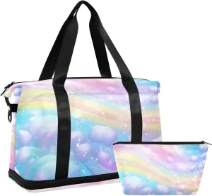 Kigai Rainbow Cloud Gym Bag for Women & Men,Waterproof Weekender Overnight Bag with Shoes Compartment Sports Duffel Bag for Gym Yoga Swimming Camping