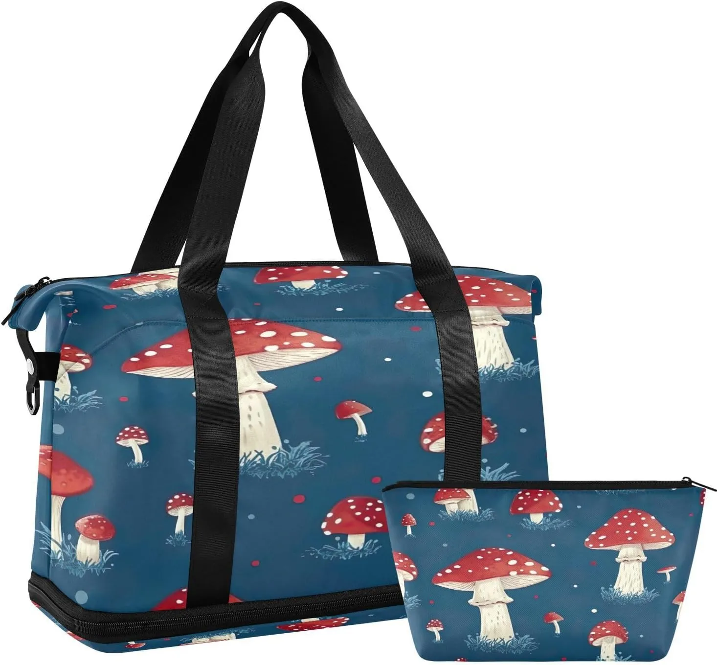 Kigai Red Mushroom Gym Bag for Women & Men,Waterproof Weekender Overnight Bag with Shoes Compartment Sports Duffel Bag for Gym Yoga Swimming Camping