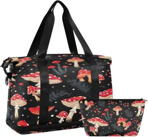 Kigai Red Mushroom Gym Bag for Women & Men,Waterproof Weekender Overnight Bag with Shoes Compartment Sports Duffel Bag for Gym Yoga Swimming Camping