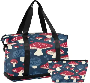 Kigai Red Mushroom Gym Bag for Women & Men,Waterproof Weekender Overnight Bag with Shoes Compartment Sports Duffel Bag for Gym Yoga Swimming Camping