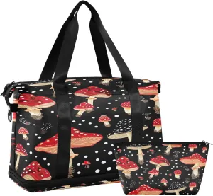Kigai Red Mushroom Gym Bag for Women & Men,Waterproof Weekender Overnight Bag with Shoes Compartment Sports Duffel Bag for Gym Yoga Swimming Camping