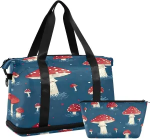 Kigai Red Mushroom Gym Bag for Women & Men,Waterproof Weekender Overnight Bag with Shoes Compartment Sports Duffel Bag for Gym Yoga Swimming Camping