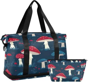 Kigai Red Mushroom Gym Bag for Women & Men,Waterproof Weekender Overnight Bag with Shoes Compartment Sports Duffel Bag for Gym Yoga Swimming Camping