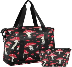 Kigai Red Mushroom Gym Bag for Women & Men,Waterproof Weekender Overnight Bag with Shoes Compartment Sports Duffel Bag for Gym Yoga Swimming Camping