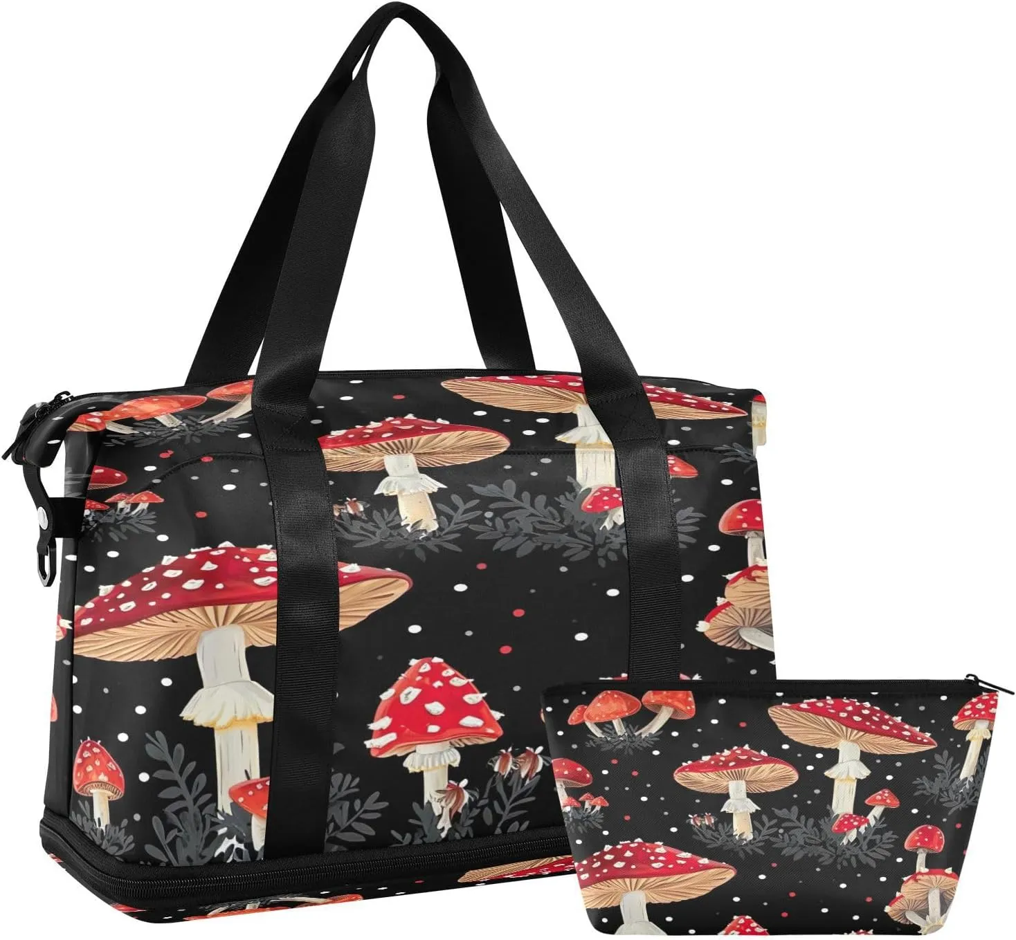Kigai Red Mushroom Gym Bag for Women & Men,Waterproof Weekender Overnight Bag with Shoes Compartment Sports Duffel Bag for Gym Yoga Swimming Camping
