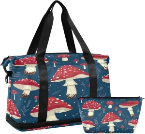 Kigai Red Mushroom Gym Bag for Women & Men,Waterproof Weekender Overnight Bag with Shoes Compartment Sports Duffel Bag for Gym Yoga Swimming Camping