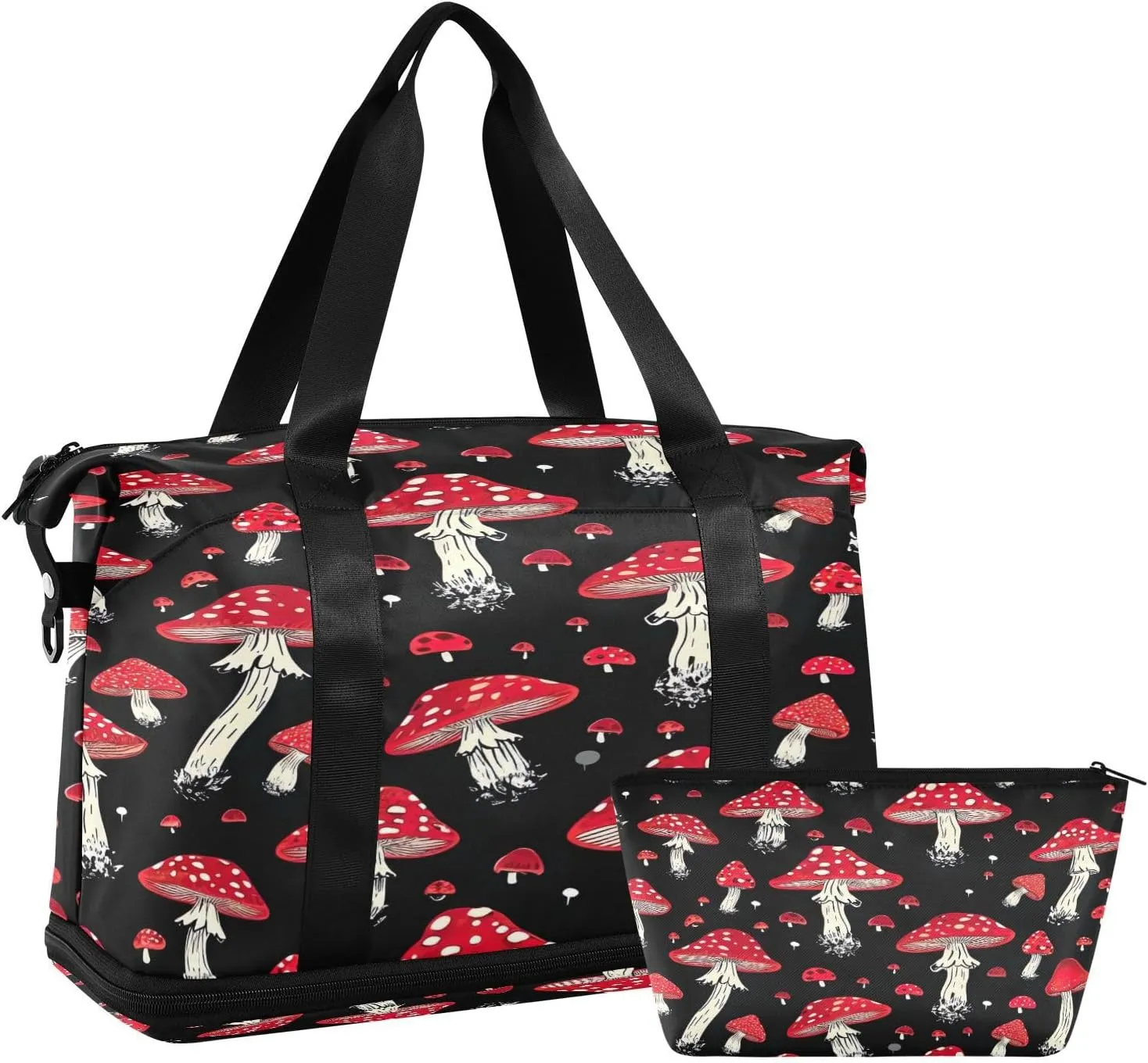 Kigai Red Mushroom Gym Bag for Women & Men,Waterproof Weekender Overnight Bag with Shoes Compartment Sports Duffel Bag for Gym Yoga Swimming Camping