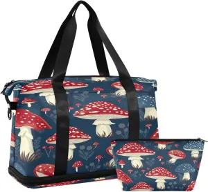 Kigai Red Mushroom Gym Bag for Women & Men,Waterproof Weekender Overnight Bag with Shoes Compartment Sports Duffel Bag for Gym Yoga Swimming Camping