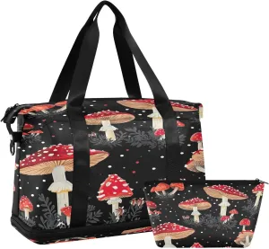 Kigai Red Mushroom Gym Bag for Women & Men,Waterproof Weekender Overnight Bag with Shoes Compartment Sports Duffel Bag for Gym Yoga Swimming Camping
