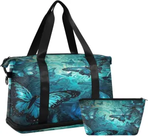 Kigai Retro Butterfly Gym Bag for Women & Men,Waterproof Weekender Overnight Bag with Shoes Compartment Sports Duffel Bag for Gym Yoga Swimming Camping