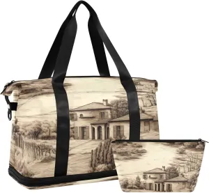 Kigai Retro Farmhouse Gym Bag for Women & Men,Waterproof Weekender Overnight Bag with Shoes Compartment Sports Duffel Bag for Gym Yoga Swimming Camping