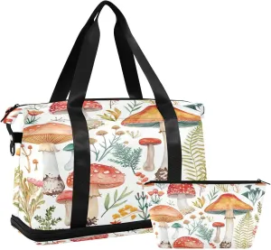 Kigai Retro Mushroom Gym Bag for Women & Men,Waterproof Weekender Overnight Bag with Shoes Compartment Sports Duffel Bag for Gym Yoga Swimming Camping