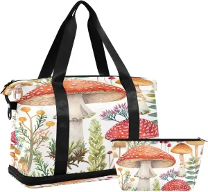 Kigai Retro Mushroom Gym Bag for Women & Men,Waterproof Weekender Overnight Bag with Shoes Compartment Sports Duffel Bag for Gym Yoga Swimming Camping