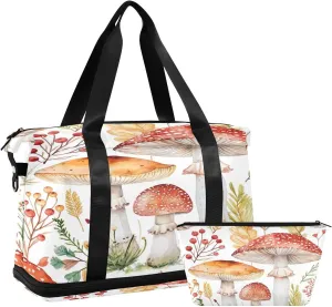 Kigai Retro Mushroom Gym Bag for Women & Men,Waterproof Weekender Overnight Bag with Shoes Compartment Sports Duffel Bag for Gym Yoga Swimming Camping