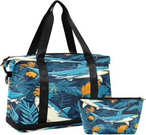 Kigai Shark Flower Gym Bag for Women & Men,Waterproof Weekender Overnight Bag with Shoes Compartment Sports Duffel Bag for Gym Yoga Swimming Camping