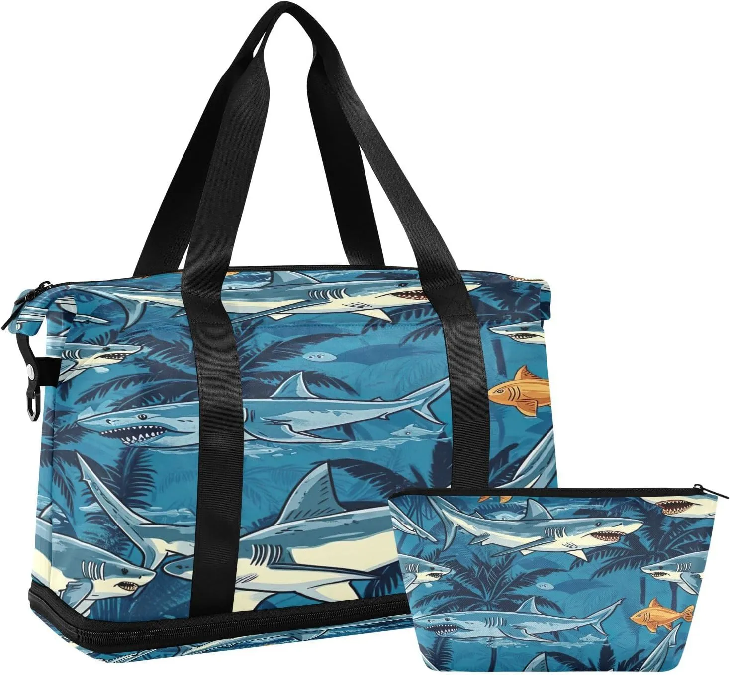 Kigai Shark Flower Gym Bag for Women & Men,Waterproof Weekender Overnight Bag with Shoes Compartment Sports Duffel Bag for Gym Yoga Swimming Camping