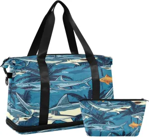 Kigai Shark Flower Gym Bag for Women & Men,Waterproof Weekender Overnight Bag with Shoes Compartment Sports Duffel Bag for Gym Yoga Swimming Camping