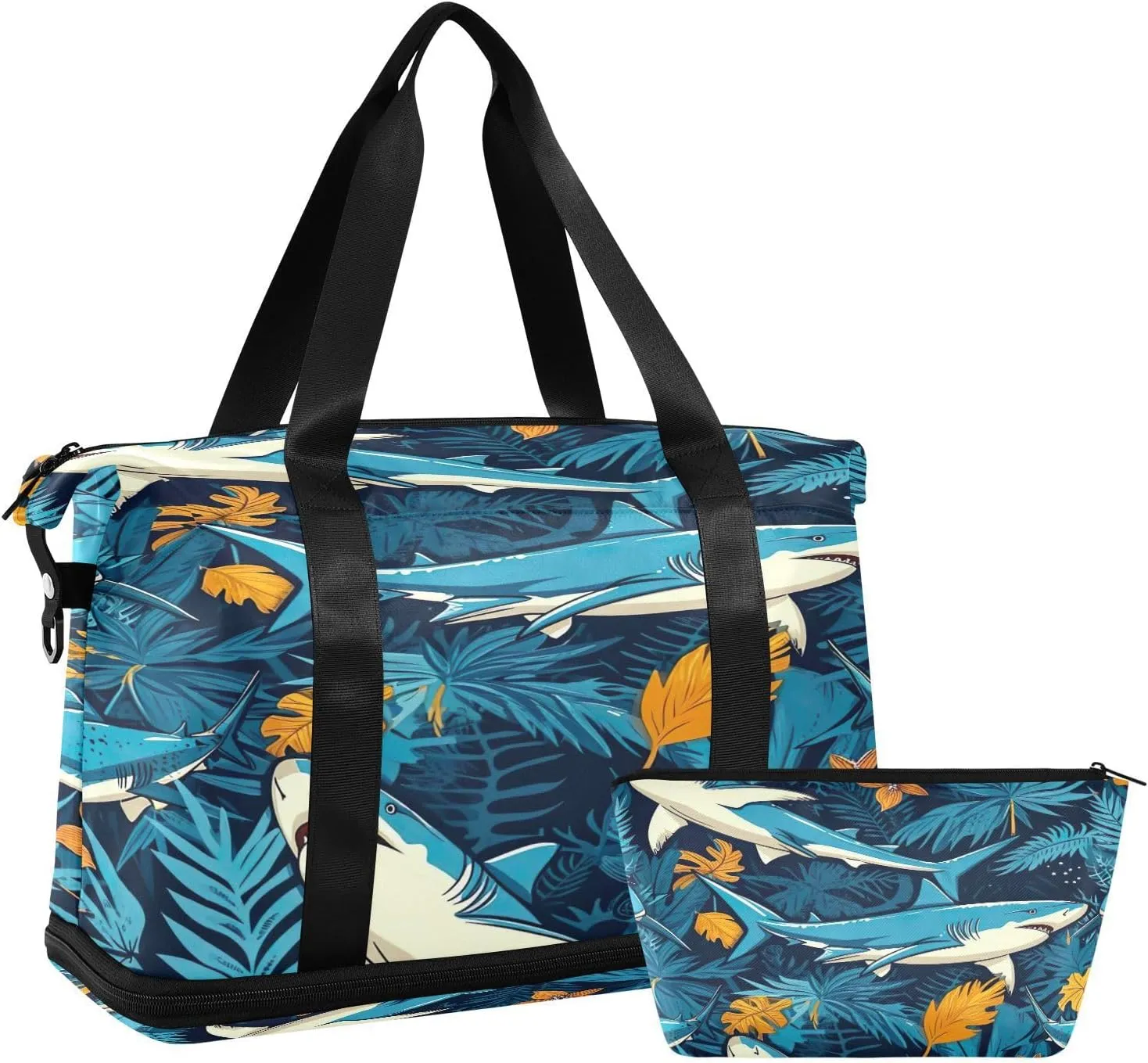 Kigai Shark Flower Gym Bag for Women & Men,Waterproof Weekender Overnight Bag with Shoes Compartment Sports Duffel Bag for Gym Yoga Swimming Camping
