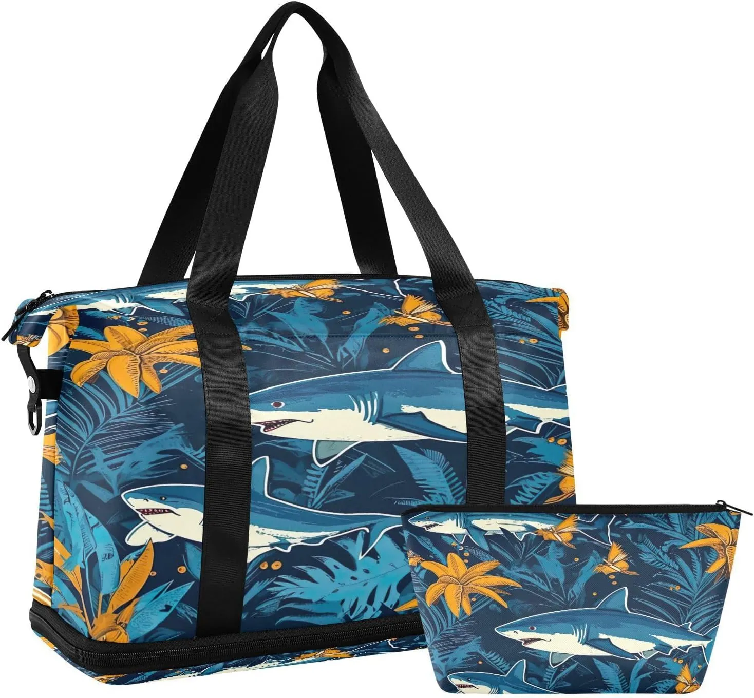 Kigai Shark Flower Gym Bag for Women & Men,Waterproof Weekender Overnight Bag with Shoes Compartment Sports Duffel Bag for Gym Yoga Swimming Camping