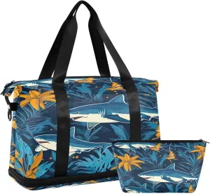 Kigai Shark Flower Gym Bag for Women & Men,Waterproof Weekender Overnight Bag with Shoes Compartment Sports Duffel Bag for Gym Yoga Swimming Camping