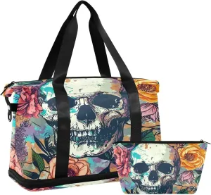 Kigai Skull Flowers Gym Bag for Women & Men,Waterproof Weekender Overnight Bag with Shoes Compartment Sports Duffel Bag for Gym Yoga Swimming Camping