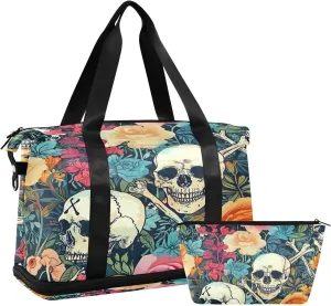 Kigai Skull Flowers Gym Bag for Women & Men,Waterproof Weekender Overnight Bag with Shoes Compartment Sports Duffel Bag for Gym Yoga Swimming Camping