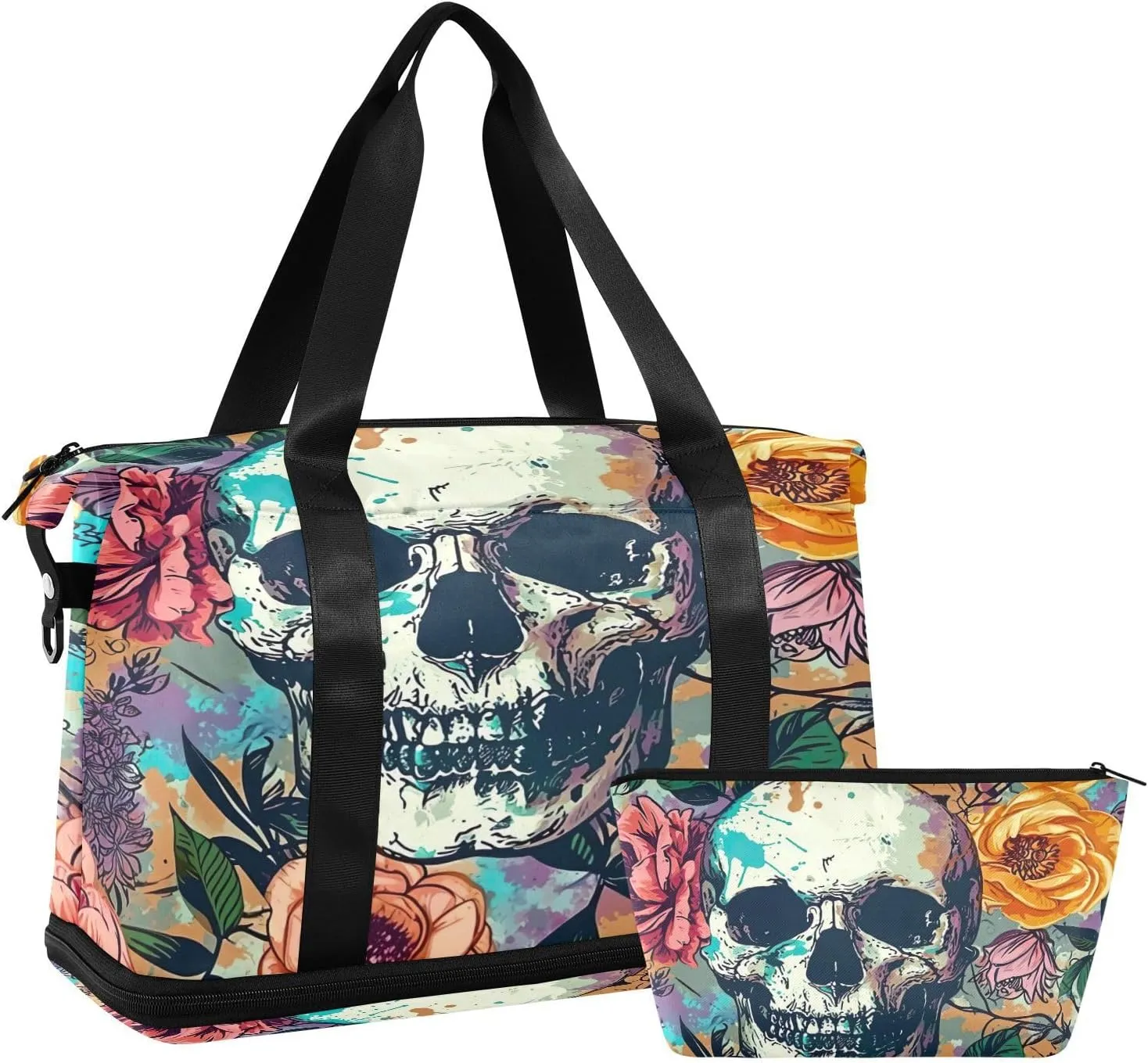 Kigai Skull Flowers Gym Bag for Women & Men,Waterproof Weekender Overnight Bag with Shoes Compartment Sports Duffel Bag for Gym Yoga Swimming Camping