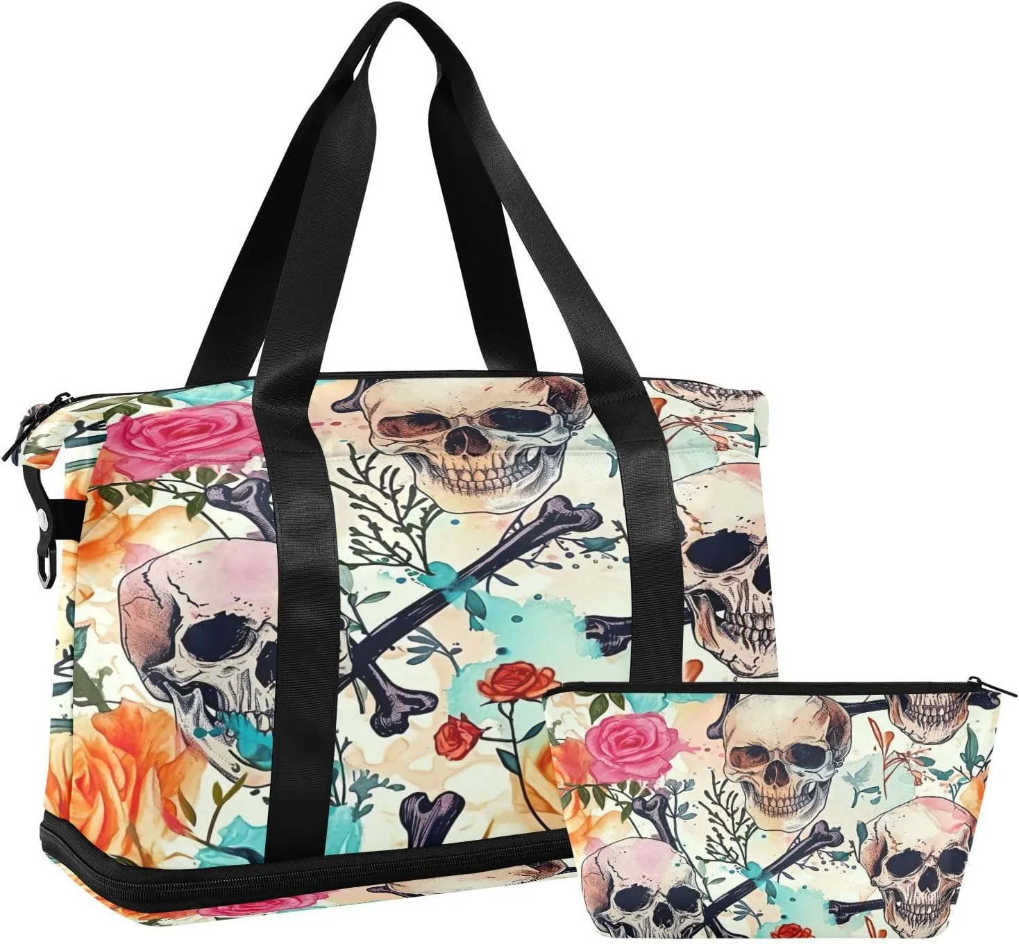 Kigai Skull Flowers Gym Bag for Women & Men,Waterproof Weekender Overnight Bag with Shoes Compartment Sports Duffel Bag for Gym Yoga Swimming Camping