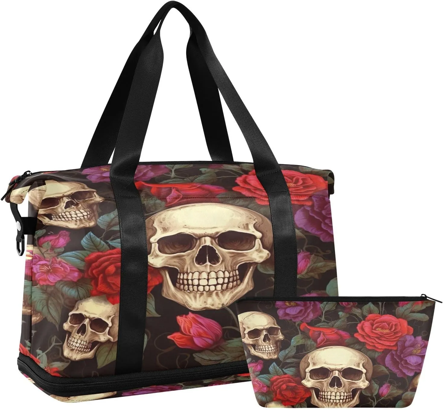 Kigai Skull Rose Gym Bag for Women & Men,Waterproof Weekender Overnight Bag with Shoes Compartment Sports Duffel Bag for Gym Yoga Swimming Camping