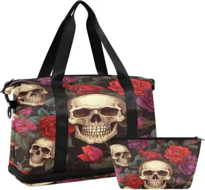 Kigai Skull Rose Gym Bag for Women & Men,Waterproof Weekender Overnight Bag with Shoes Compartment Sports Duffel Bag for Gym Yoga Swimming Camping