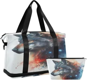 Kigai Starry Wolf Gym Bag for Women & Men,Waterproof Weekender Overnight Bag with Shoes Compartment Sports Duffel Bag for Gym Yoga Swimming Camping
