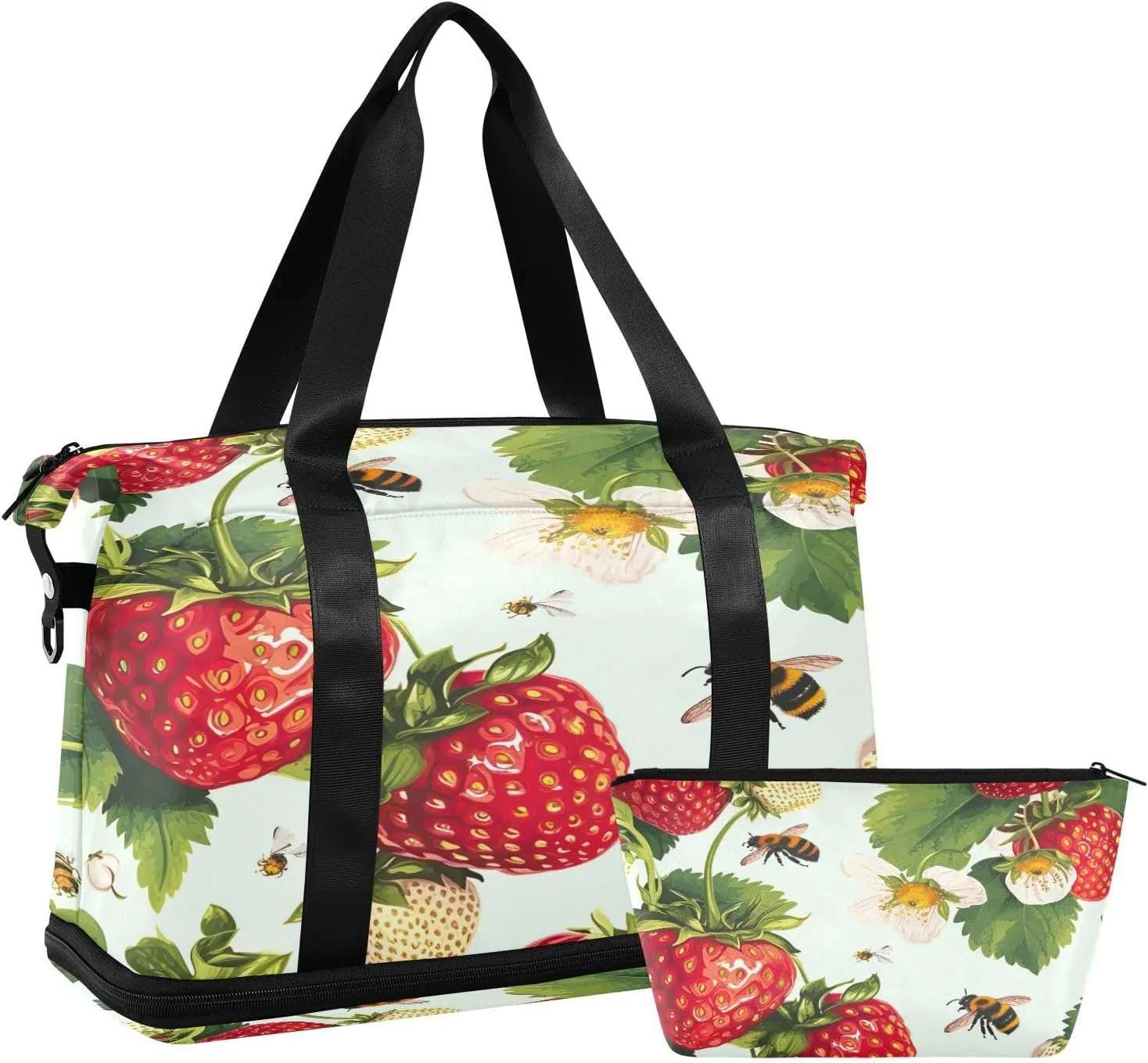 Kigai Strawberry Flower Gym Bag for Women & Men,Waterproof Weekender Overnight Bag with Shoes Compartment Sports Duffel Bag for Gym Yoga Swimming Camping