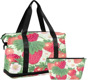 Kigai Strawberry Flower Gym Bag for Women & Men,Waterproof Weekender Overnight Bag with Shoes Compartment Sports Duffel Bag for Gym Yoga Swimming Camping