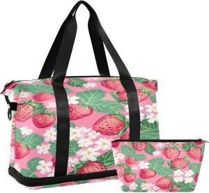 Kigai Strawberry Flower Gym Bag for Women & Men,Waterproof Weekender Overnight Bag with Shoes Compartment Sports Duffel Bag for Gym Yoga Swimming Camping