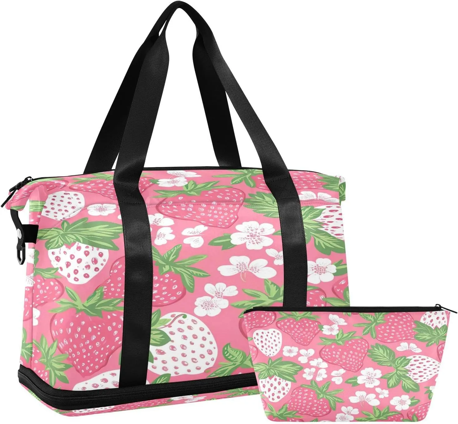 Kigai Strawberry Flower Gym Bag for Women & Men,Waterproof Weekender Overnight Bag with Shoes Compartment Sports Duffel Bag for Gym Yoga Swimming Camping