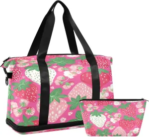 Kigai Strawberry Flower Gym Bag for Women & Men,Waterproof Weekender Overnight Bag with Shoes Compartment Sports Duffel Bag for Gym Yoga Swimming Camping