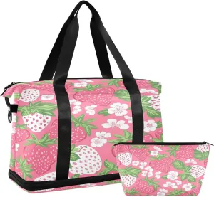 Kigai Strawberry Flower Gym Bag for Women & Men,Waterproof Weekender Overnight Bag with Shoes Compartment Sports Duffel Bag for Gym Yoga Swimming Camping