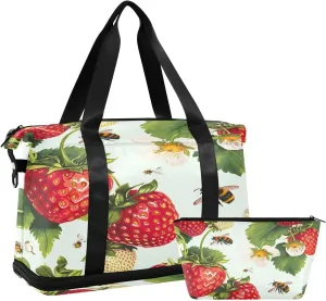 Kigai Strawberry Flower Gym Bag for Women & Men,Waterproof Weekender Overnight Bag with Shoes Compartment Sports Duffel Bag for Gym Yoga Swimming Camping