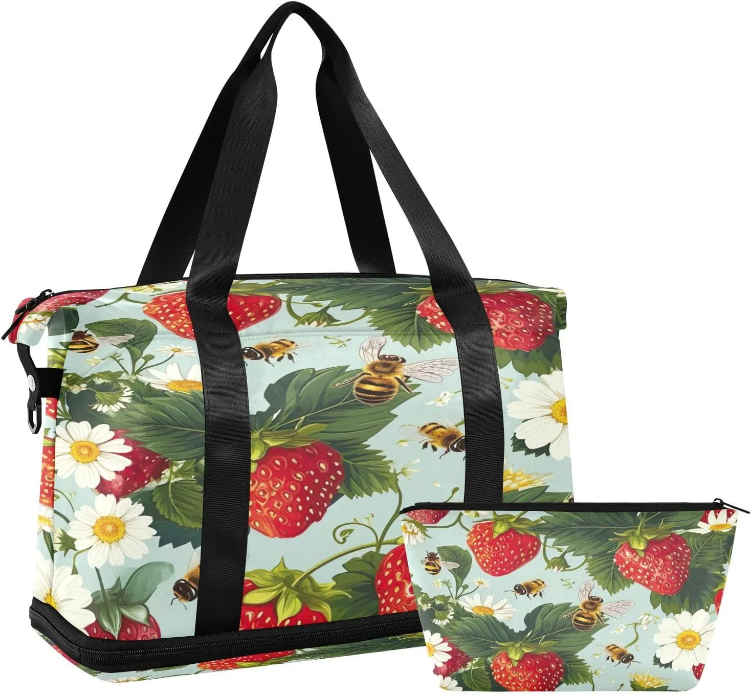 Kigai Strawberry Flower Gym Bag for Women & Men,Waterproof Weekender Overnight Bag with Shoes Compartment Sports Duffel Bag for Gym Yoga Swimming Camping