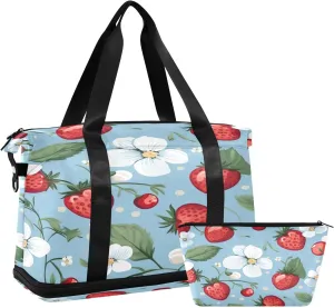 Kigai Strawberry Flowers Gym Bag for Women & Men,Waterproof Weekender Overnight Bag with Shoes Compartment Sports Duffel Bag for Gym Yoga Swimming Camping
