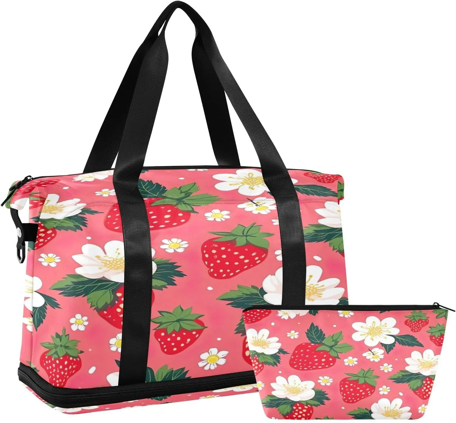 Kigai Strawberry Flowers Gym Bag for Women & Men,Waterproof Weekender Overnight Bag with Shoes Compartment Sports Duffel Bag for Gym Yoga Swimming Camping